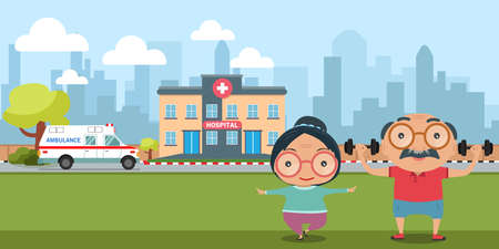 Couple of lovely senior with healthcare. old people health concept vector illustration.のイラスト素材