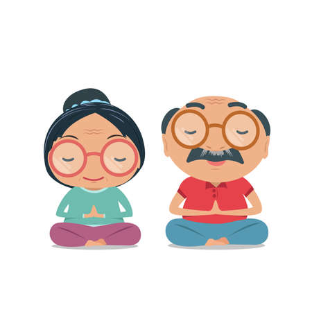 Grandparent, Old senior man and woman being physically and healthy. Cute yoga and meditation illustration in flat style isolated on white background. vector and illustration.のイラスト素材