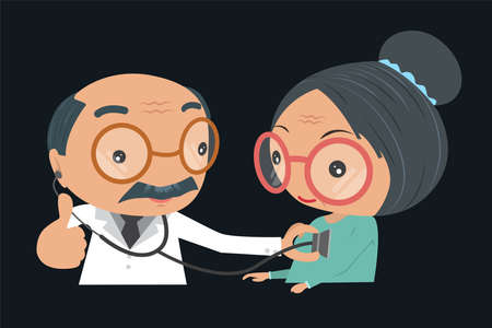 Doctor's hand holding a stethoscope checking heartbeat of old women. healthcare flat design concept isolated on dark background. Vector illustration.のイラスト素材