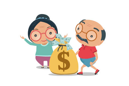 Grandparent, Old senior man and woman happy retirement get rich in flat style isolated on white background, vector and illustration.のイラスト素材