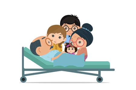 The old man admitted to the hospital. And his wife and children are beside him. Ideal for insurance or hospital isolated on white background. Cartoon vector illustration.のイラスト素材