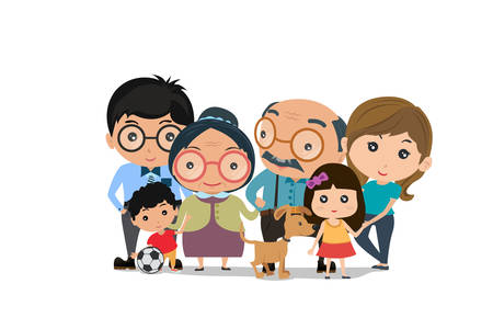 Big family happy together. smiling family portrait. Mother, father daughter, son, grandparents. Vector illustration of a flat design.のイラスト素材