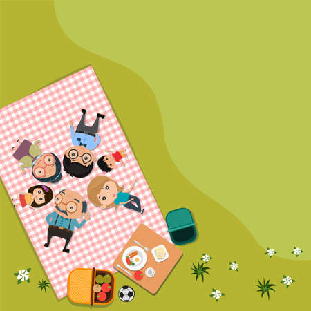 Happy family picnic in outdoor modern flat style in green meadow Top view. vector illustration.のイラスト素材