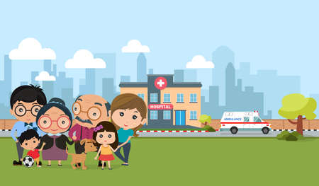Happy family outdoor modern flat style with healthcare. People health concept vector illustration.のイラスト素材