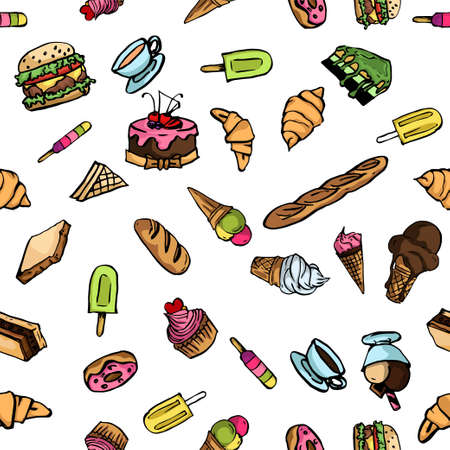 Cute hand drawn dessert seamless pattern isolated on white background, vector illustration.のイラスト素材