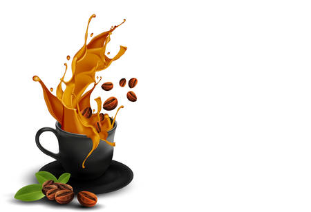 Cup of gold coffee and coffee bean isolated on white background and copy space for text. vector illustration.のイラスト素材