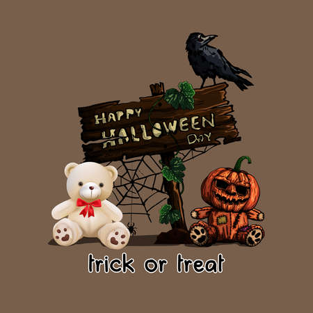 Pumpkin and teddy bear doll for Halloween day isolated on brown background, vector and illustration.のイラスト素材