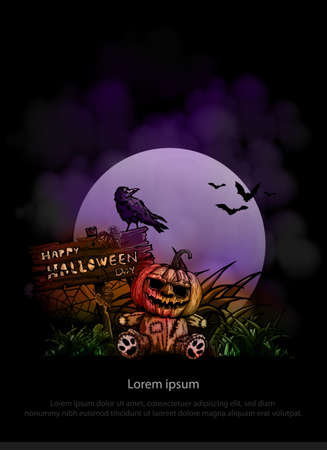 Halloween vertical background with pumpkin on full moon. Flyer or invitation template for Halloween party. Vector illustration.のイラスト素材