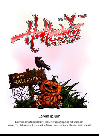 Halloween vertical background with pumpkin on full moon. Flyer or invitation template for Halloween party. Vector illustration.のイラスト素材