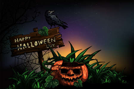 Halloween dark night background with pumpkin. Vector illustration.のイラスト素材