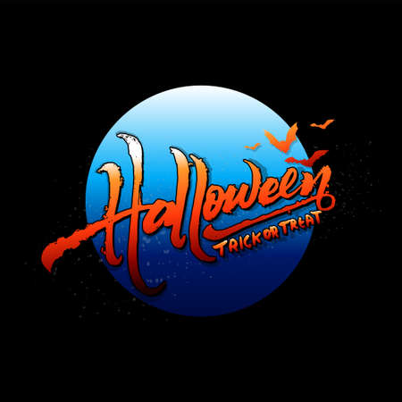 Halloween trick or treat text art on blue full moon isolated on black background, vector and illustration.のイラスト素材