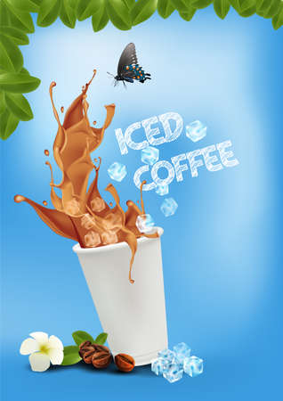 Iced coffee pouring down into a takeaway cup on bright blue background. vector and illustration.のイラスト素材