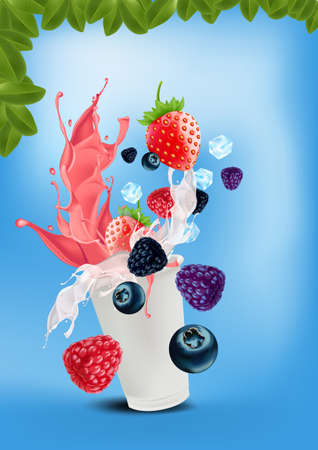 Frappe yoghurt mix-berries pouring down into a takeaway cup on bright blue background. vector and illustration.のイラスト素材