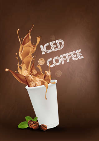 Iced coffee pouring down into a takeaway cup on dark background. vector and illustration.のイラスト素材