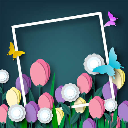 Beautiful floral paper cut with butterfly on green background, vector illustrationのイラスト素材