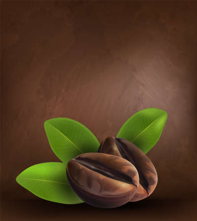 Coffee beans and leaves on dark background, vector illustrator.のイラスト素材