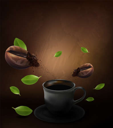 Cup of black coffee and coffee bean on brown background, flowing coffee brochure and copy space for text. vector illustration.のイラスト素材
