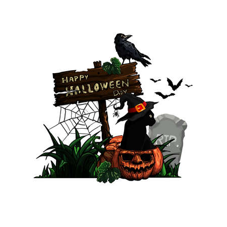 Halloween background with pumpkin and cat. Vector illustration.のイラスト素材