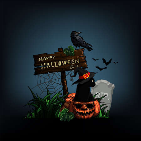 Halloween dark night background with pumpkin and cat. Vector illustration.のイラスト素材