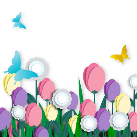 Beautiful floral paper cut with butterfly on green background, vector illustrationのイラスト素材