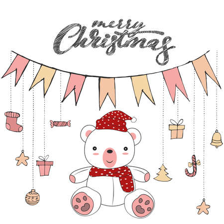 Cute teddy bear doodle isolated on white background for merry christmas card vector and illustration.のイラスト素材