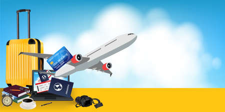 Yellow suitcase with laptop computer, camera, tickets, passport, credit card, travelplan for the trip and copy space for text, vector illustration.のイラスト素材