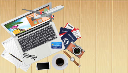 Top view of traveler desk, plan for the trip with copy space for text on wooden, laptop computer, camera, tickets, passport, credit card. Planning for trip, vector illustration.のイラスト素材