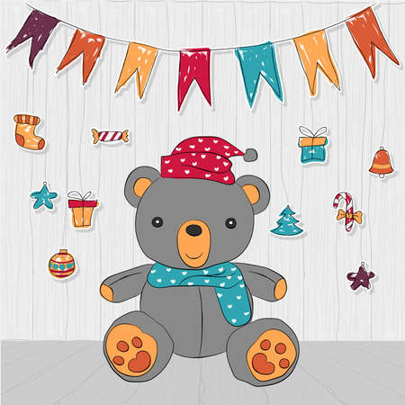 Cute teddy bear doodle background for merry christmas card vector and illustration.のイラスト素材