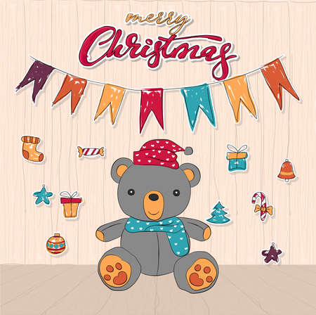 Cute teddy bear doodle background for merry christmas card vector and illustration.のイラスト素材