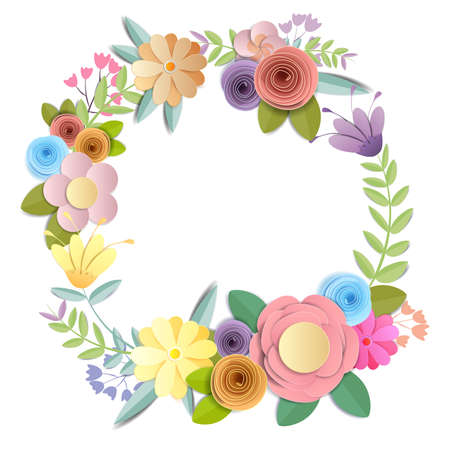 Vector and illustration design. craft paper flowers, spring, autumn, wedding and valentine festive floral bouquet, bright fall colors, nature clipart isolated on white background, decorative embellishment.のイラスト素材