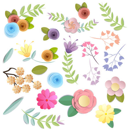 Vector and illustration design. craft paper flowers, spring, autumn, wedding and valentine festive floral bouquet, bright fall colors, nature clipart isolated on white background, decorative embellishment.のイラスト素材