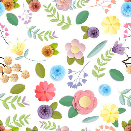 craft paper flowers pattern seamless background, spring, autumn, wedding and valentine festive floral bouquet,  on white background, decorative embellishment.のイラスト素材