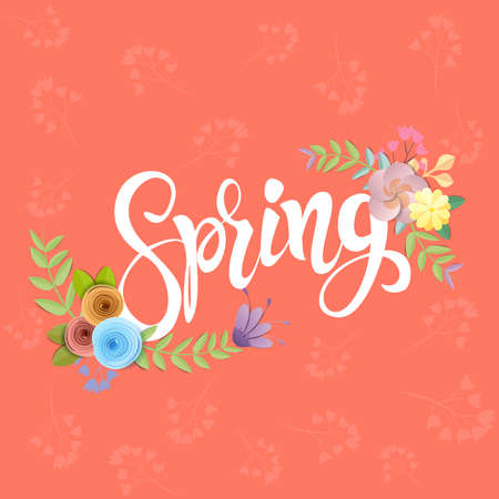 Craft paper flowers spring background, festive floral bouquet,  on living coral color background, decorative embellishment.のイラスト素材