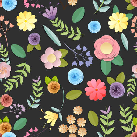 craft paper flowers pattern seamless background, spring, autumn, wedding and valentine festive floral bouquet,  on black background, decorative embellishment.のイラスト素材