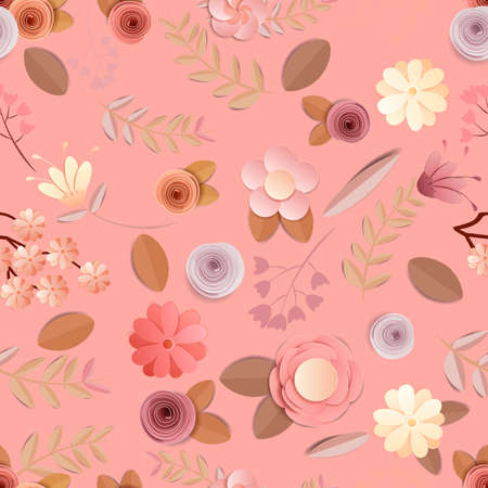craft paper flowers pattern seamless background, spring, autumn, wedding and valentine festive floral bouquet,  on white background, decorative embellishment.のイラスト素材
