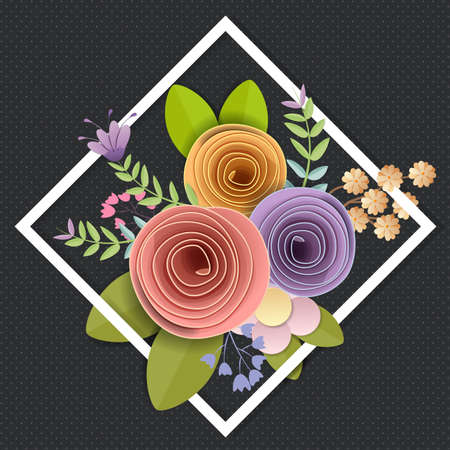 Vector and illustration design. craft paper flowers, spring, autumn, wedding and valentine festive floral bouquet, bright fall colors on black background, decorative embellishment.のイラスト素材