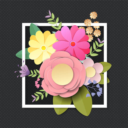Vector and illustration design. craft paper flowers, spring, autumn, wedding and valentine festive floral bouquet, bright fall colors on black background, decorative embellishment.のイラスト素材