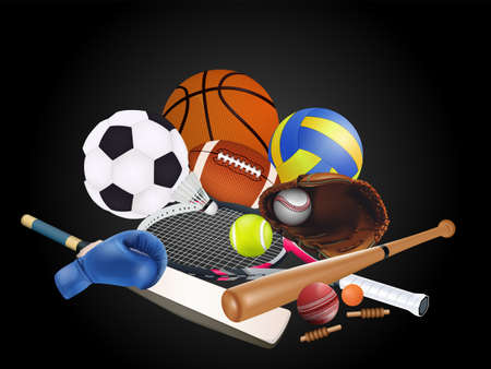 Sports equipment with a football basketball baseball soccer tennis ball volleyball boxing gloves and badminton as a symbol of sports online on colorful background. vector and illustration.のイラスト素材