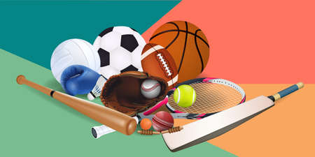 Sports equipment with a football basketball baseball soccer tennis ball volleyball boxing gloves and badminton as a symbol of sports online on colorful background. illustration.のイラスト素材