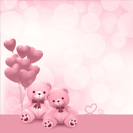 Cute teddy bear holding pink heart balloons - vector and illustration.のイラスト素材