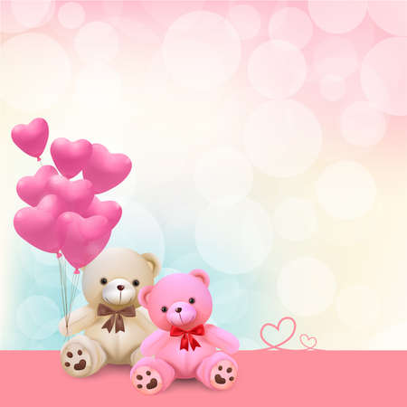 Cute teddy bear holding pink heart balloons - vector and illustration.のイラスト素材
