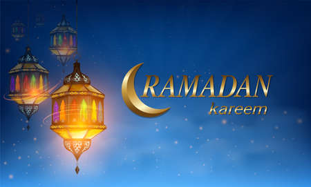 Ramadan Kareem or Eid mubarak greeting card with ramadan lamp, moon and stars lantern on Muslim feast of holy islam religious month. vector illustration.のイラスト素材