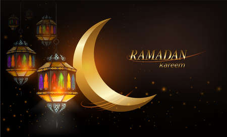 Ramadan Kareem or Eid mubarak greeting card with ramadan lamp, moon and stars lantern on Muslim feast of holy islam religious month. vector illustration.のイラスト素材