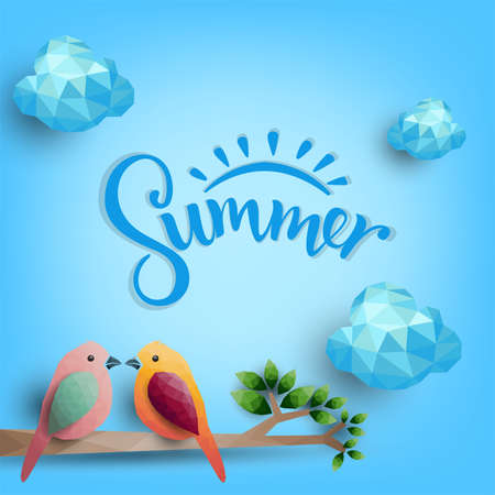 Summer day, Birds on branch from polygonal shapes, vector illustration.のイラスト素材