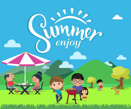 Enjoy Summer, Happy family picnic in outdoor modern flat style vector illustration.のイラスト素材