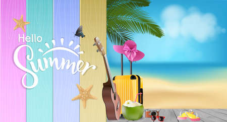 Hello summer on colorful wooden wall with summer beach background, vector illustration.のイラスト素材