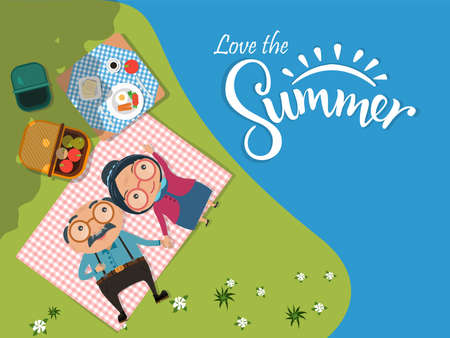 Love the Summer, Old senior man and woman couples camping and having a picnic in green meadow Top view. vector illustration.のイラスト素材