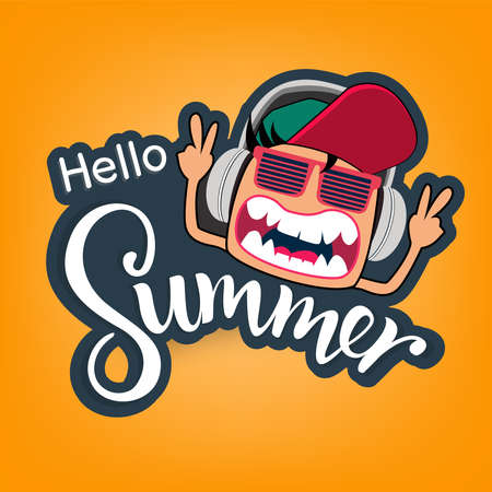 Enjoy summer. Summer emblems. Cartoon with sunglasses and headphones. Vector illustration.のイラスト素材