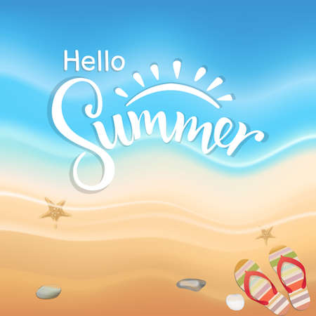 Hello Summer season on the beach and blue wave background, vector illustration.のイラスト素材