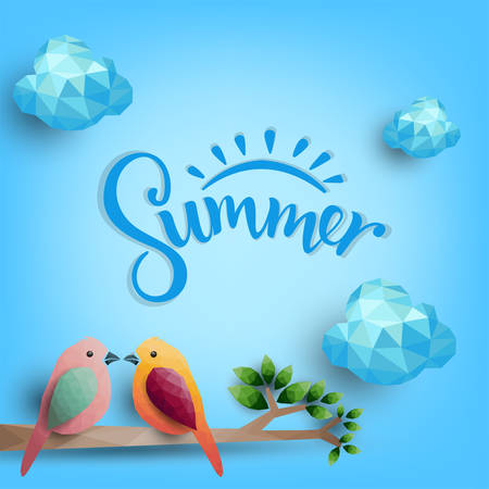 Summer day, Birds on branch from polygonal shapes, vector illustration.のイラスト素材